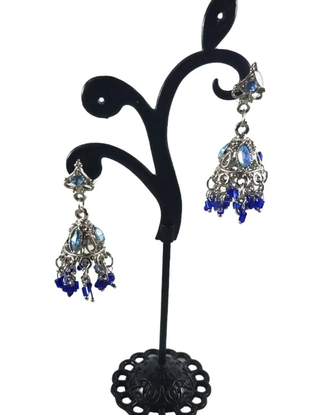 vintage silver tone hombre blues chrystals chandelier dangle earrings